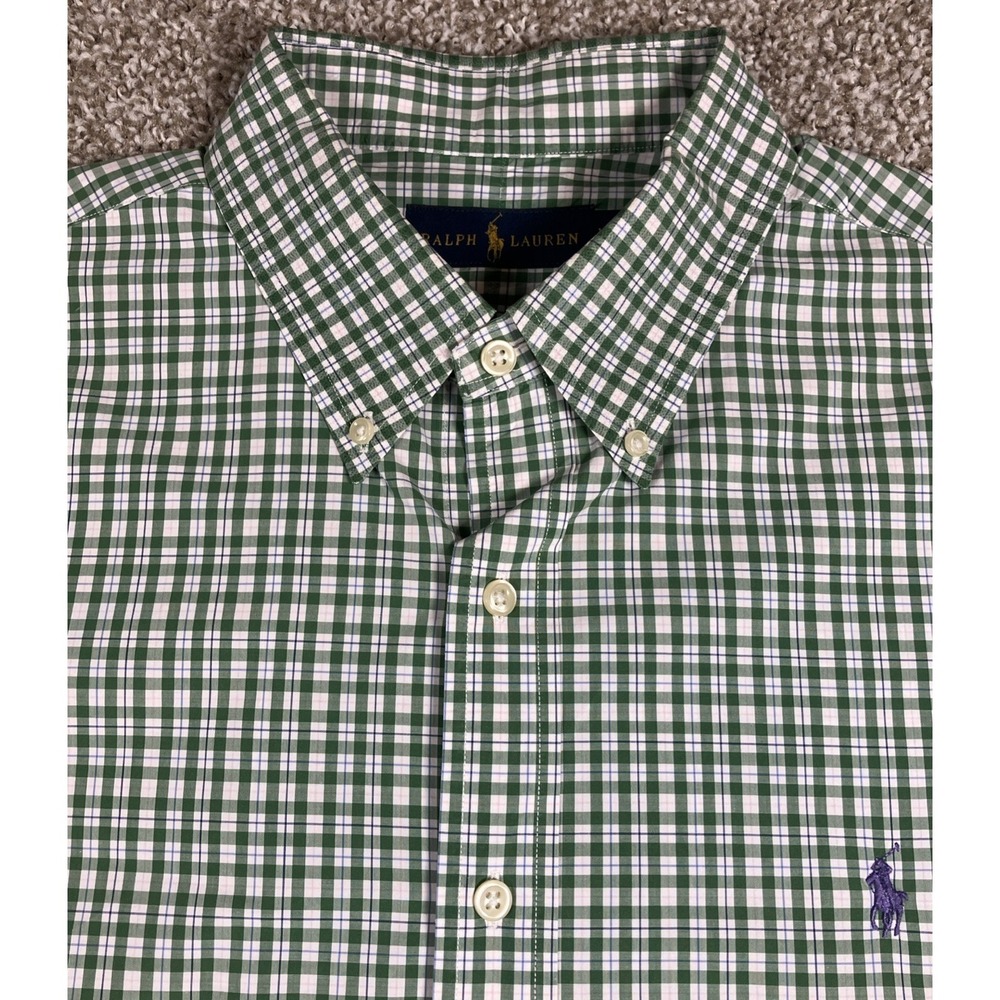 Ralph Lauren Green & White Plaid Button Down Shirt Mens Purple Pony Logo